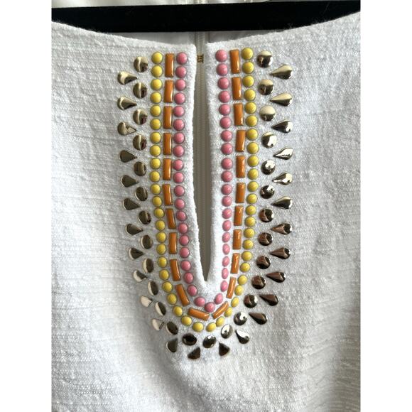 TRINA TURK White Textured Beaded Retro MOD Beachy Shift Sheath Dress Sz Small - Picture 2 of 9